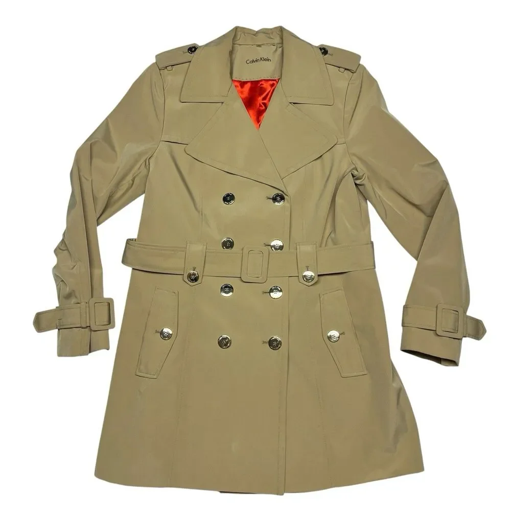 Calvin Klein Beige Double Breasted Belted Trench Coat Red - Picture 1 of 13
